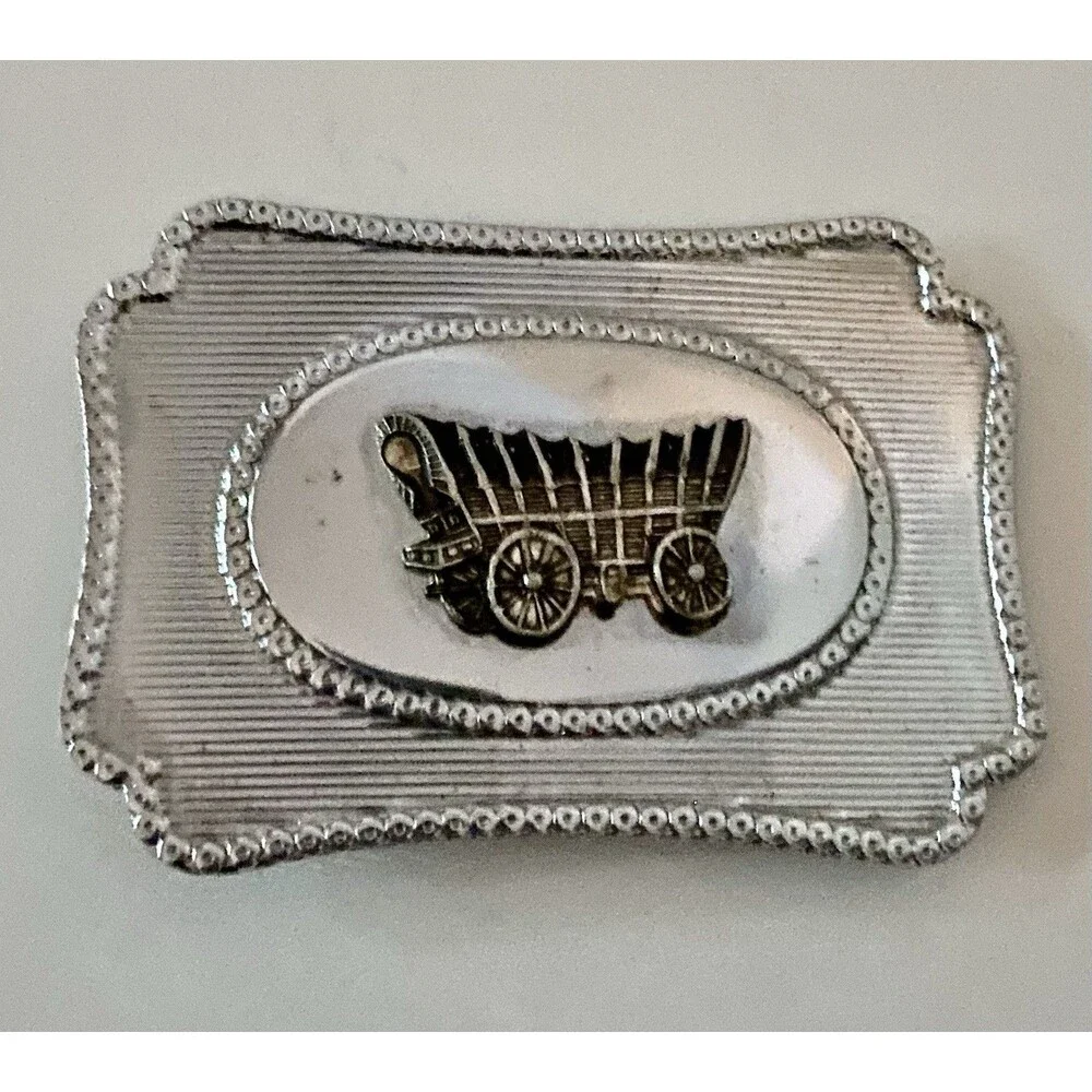 Vintage Western Belt Buckle Covered Wagon Old West USA Silvertone 80s